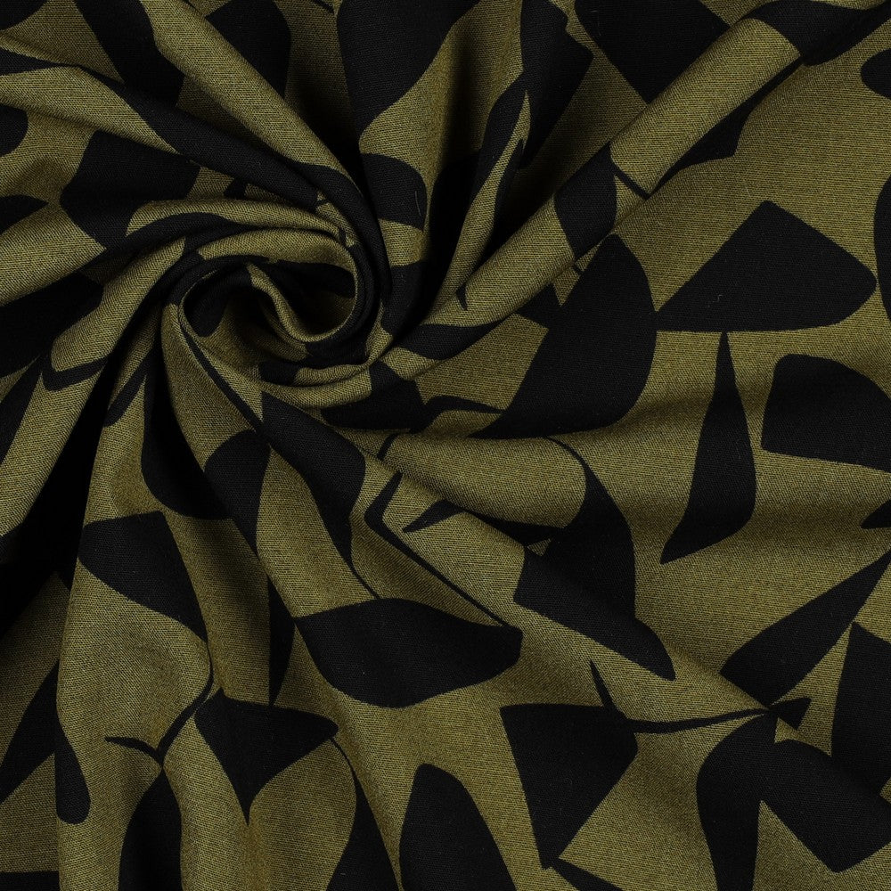 Coupon 1.1m Abstract Leaves - Army Green - Viscose Poplin Stretch