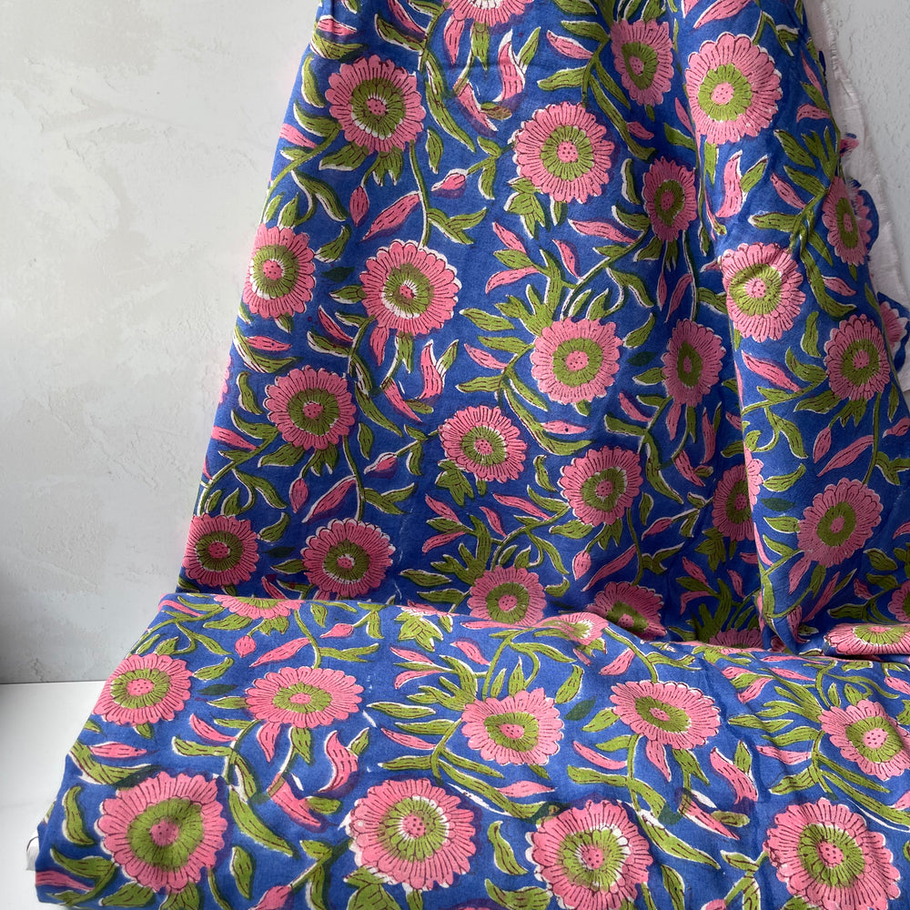 Bloem Cobalt Roze Groen- Indian Block Print - Cotton Voile