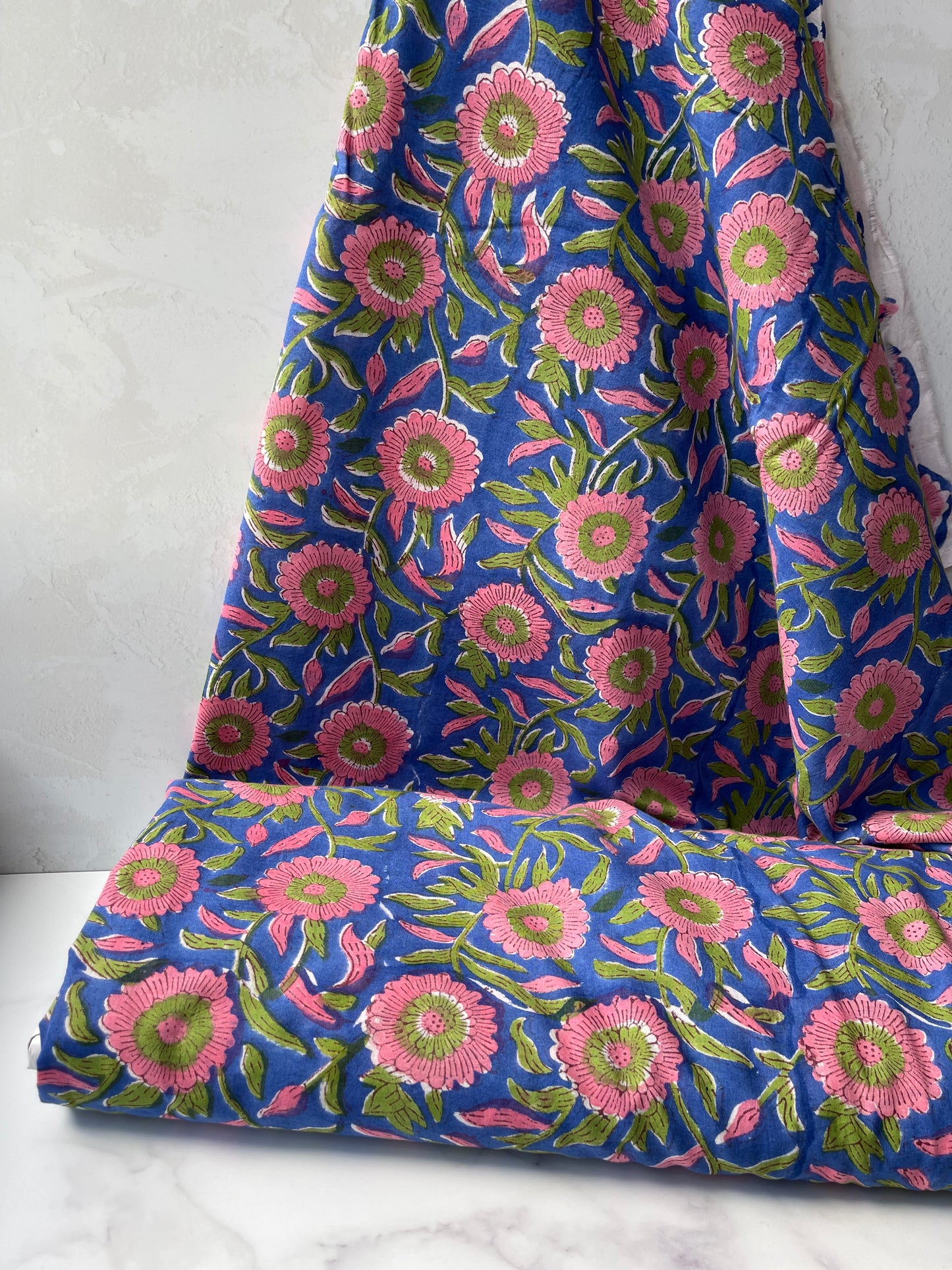 Bloem Cobalt Roze Groen- Indian Block Print - Cotton Voile