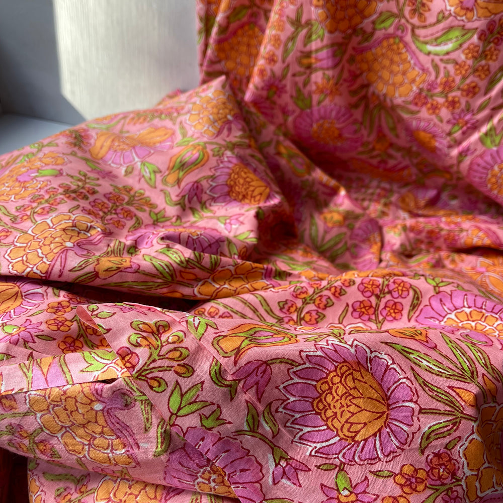 Bloemen Roze Oranje Groen - Indian Block Print - Cotton Voile