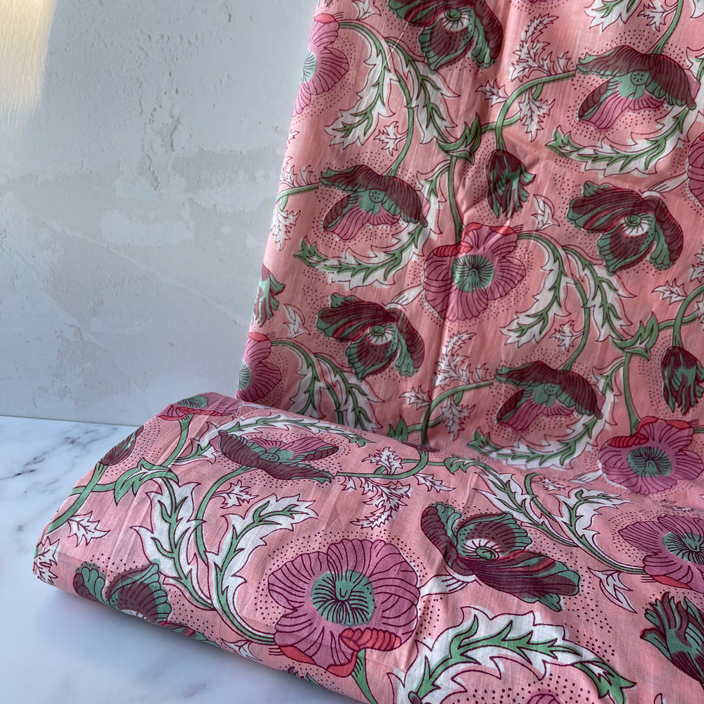 Bloem Peach Turqoise - Indian Block Print - Cotton Voile