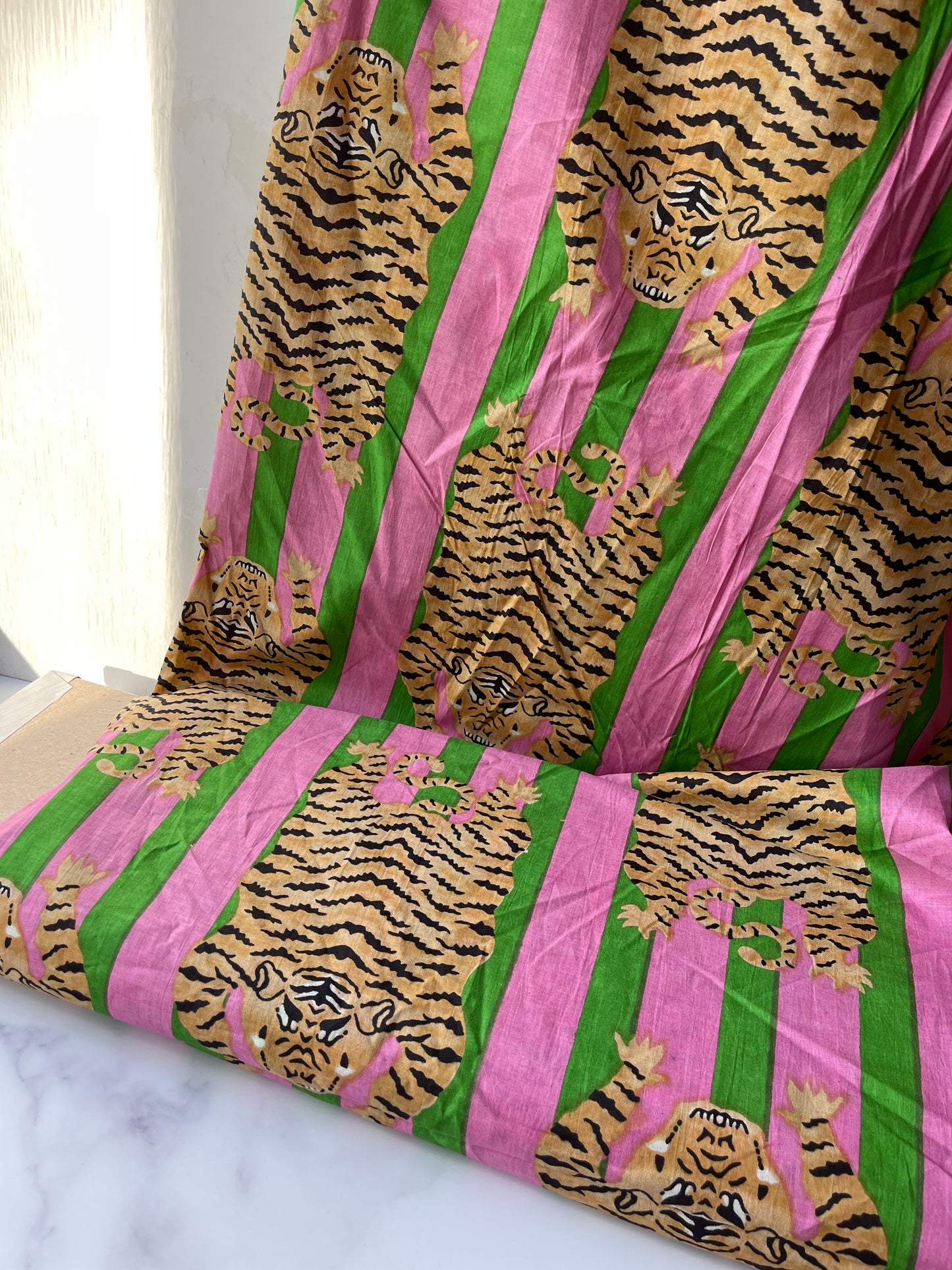 Tijger Groen Roze - Indian Block Print - Cotton Voile