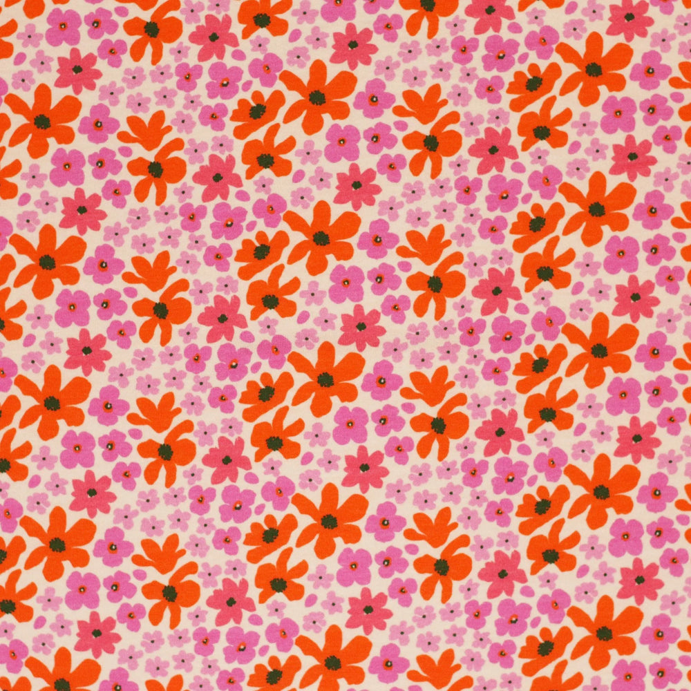 Jersey katoen Retro Bloem - Fuchsia Oranje