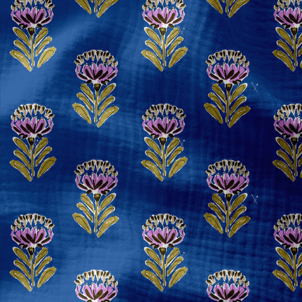 Double gauze Indian Flowers - Blauw