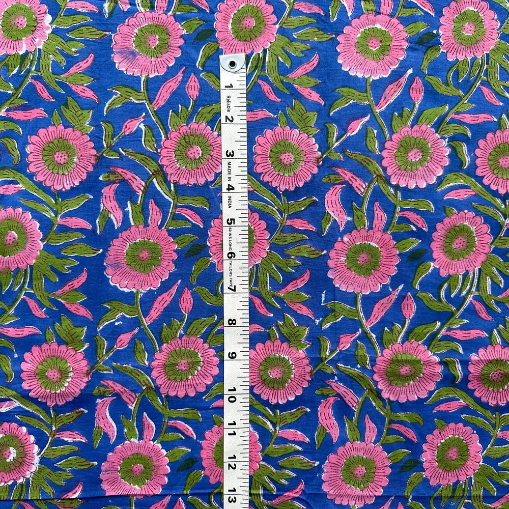 Bloem Cobalt Roze Groen- Indian Block Print - Cotton Voile