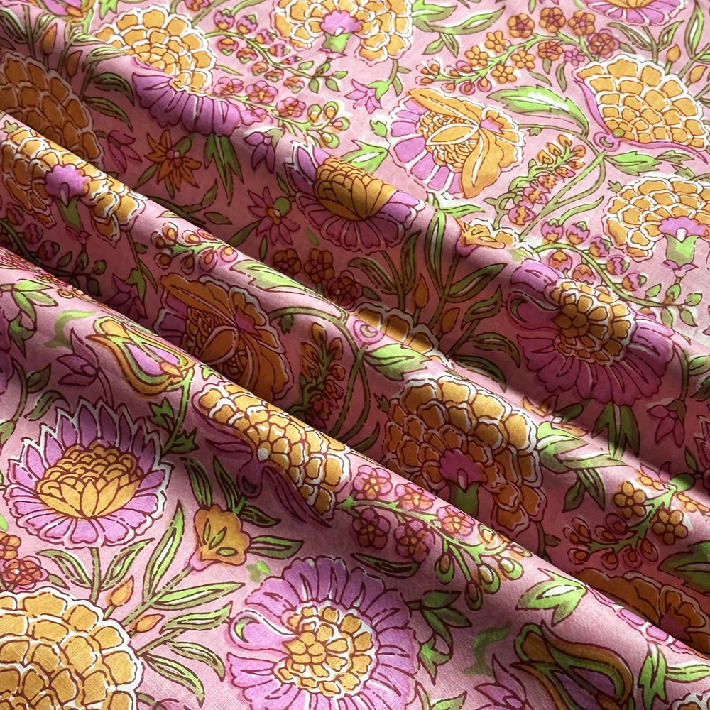 Bloemen Roze Oranje Groen - Indian Block Print - Cotton Voile