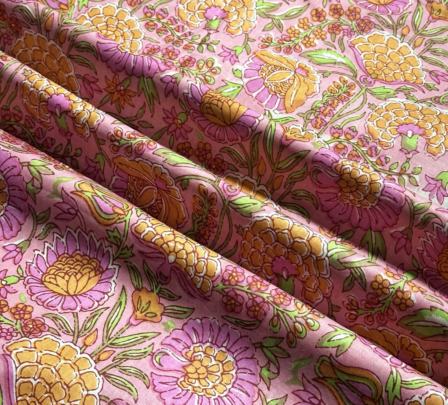 Bloemen Roze Oranje Groen - Indian Block Print - Cotton Voile